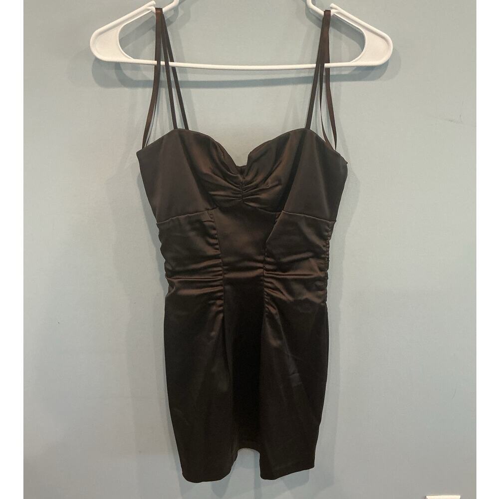 Vintage Cache Satin Y2K Sweetheart Neckline Mini Dress Chocolate Brown Prom 90s